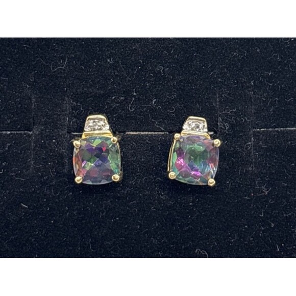 Abraham David Loewenstark ADL 10K Yellow Gold Mystic Topaz Diamond Stud Earrings - Picture 1 of 9